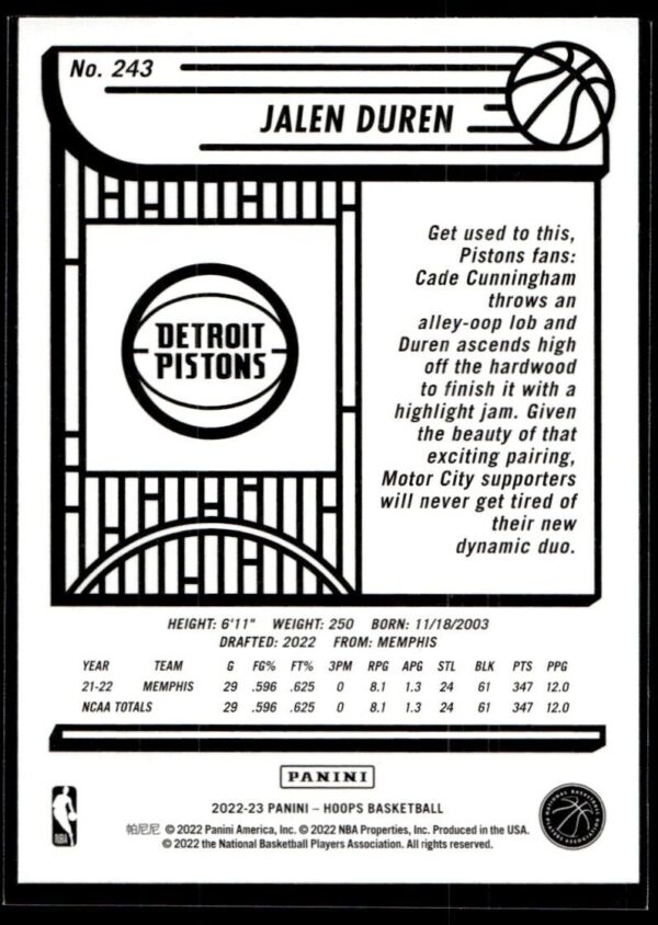 2022 NBA Hoops Detroit Pistons #243 Jalen Duren RC Rookie
