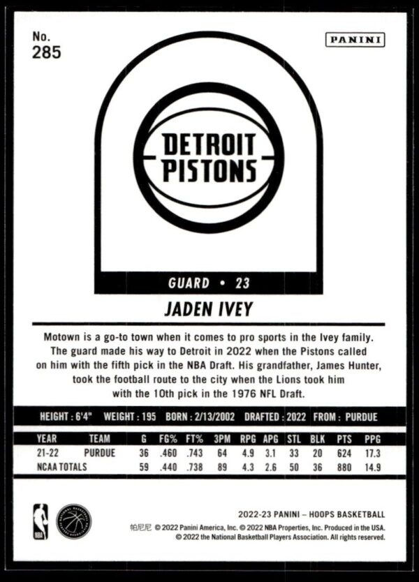 2022 NBA Hoops Detroit Pistons #285 Jaden Ivey RC Rookie Tribute