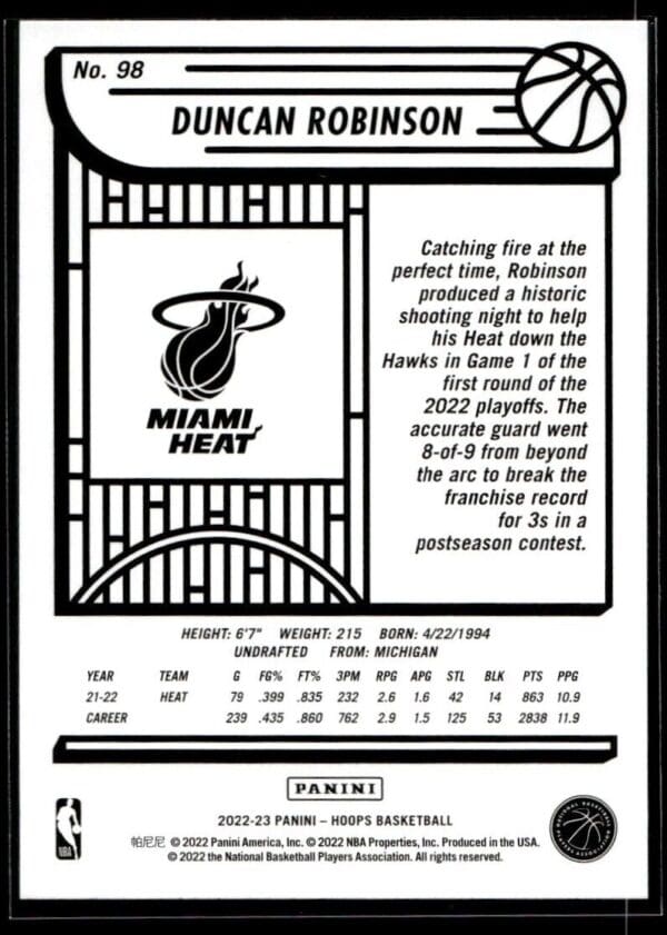 2022 NBA Hoops Miami Heat #98 Duncan Robinson