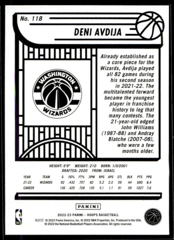 2022 Hoops Washington Wizards #118 Deni Avdija