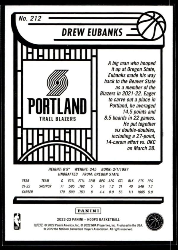_10 2022 NBA Hoops Portland Trail Blazers #212 Drew Eubanks