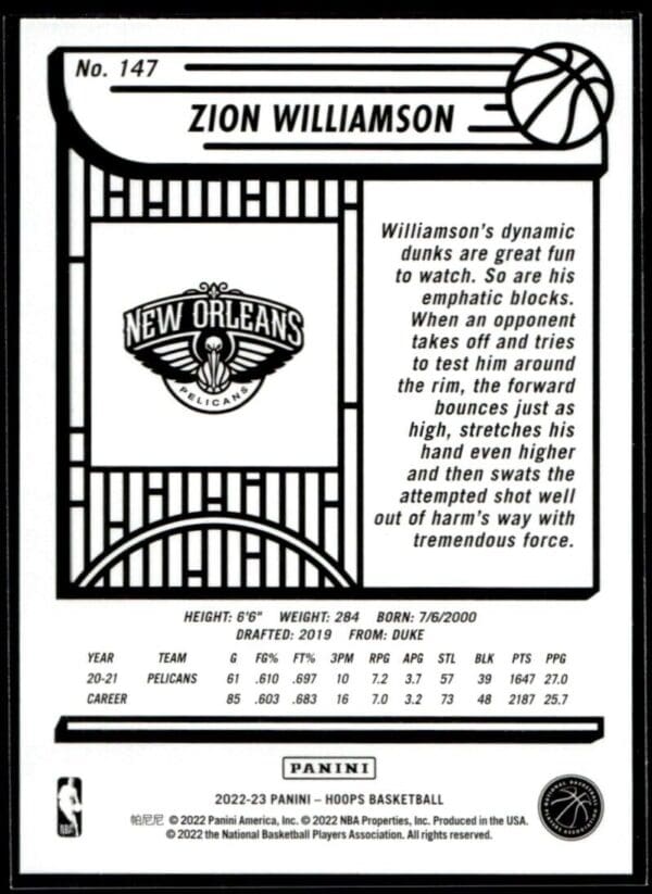 _10 2022 Hoops New Orleans Pelicans #147 Zion Williamson
