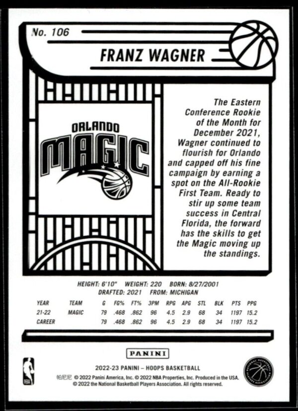 _10 2022 Hoops Orlando Magic #106 Franz Wagner
