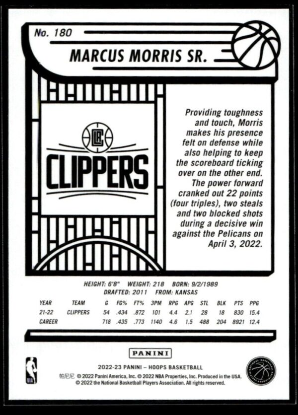 2022 Hoops Los Angeles Clippers #180 Marcus Morris Sr.
