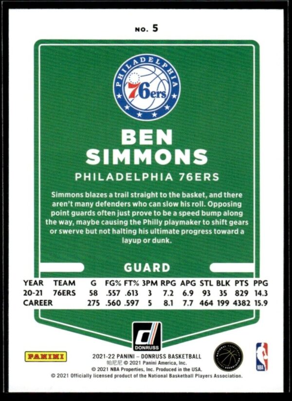 _10 2021 Donruss Philadelphia 76ers #5 Ben Simmons