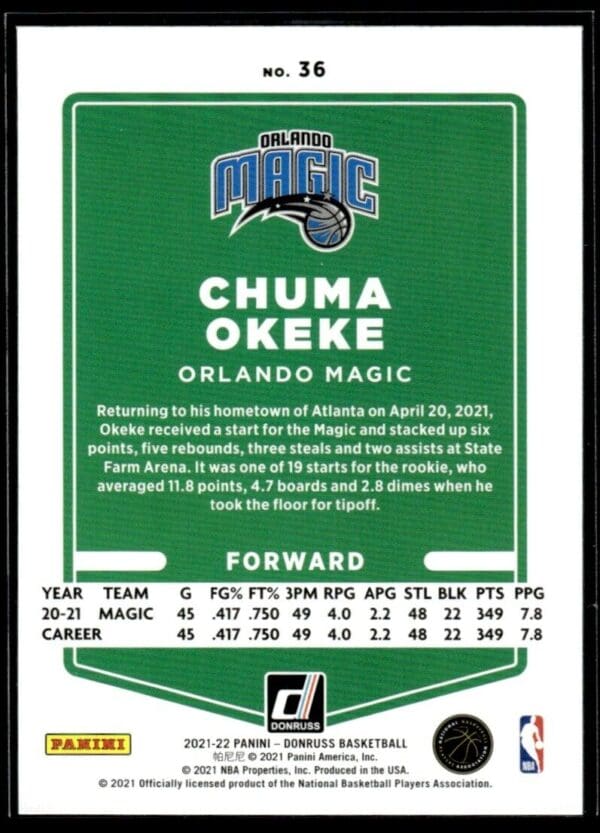 2021 Donruss Orlando Magic #36 Chuma Okeke