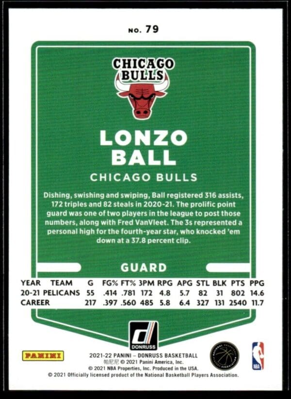 2021 Donruss Chicago Bulls #79 Lonzo Ball