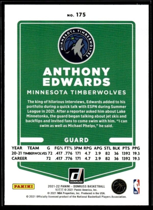 2021 Donruss Minnesota Timberwolves #175 Anthony Edwards