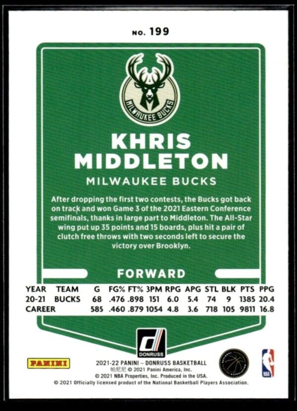 2021 Donruss Milwaukee Bucks #199 Khris Middleton