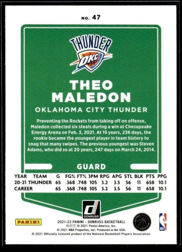 _10 2021 Donruss Oklahoma City Thunder #47 Theo Maledon