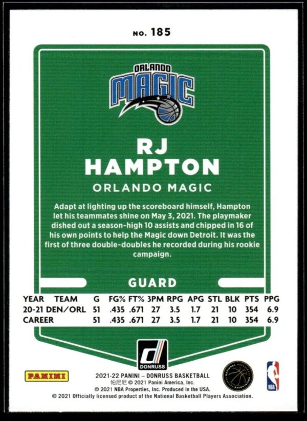 _10 2021 Donruss Orlando Magic #185 RJ Hampton