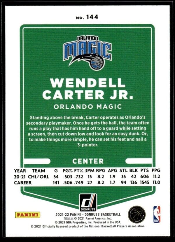 _10 2021 Donruss Orlando Magic #144 Wendell Carter Jr.