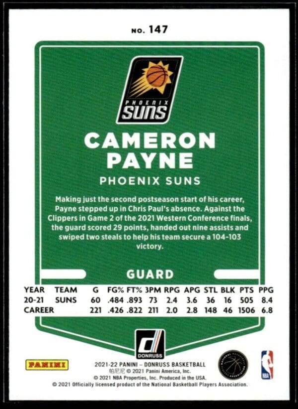2021 Donruss Phoenix Suns #147 Cameron Payne