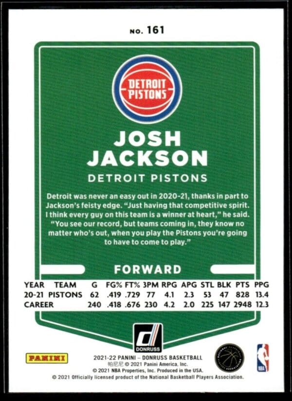 2021 Donruss Detroit Pistons #161 Josh Jackson