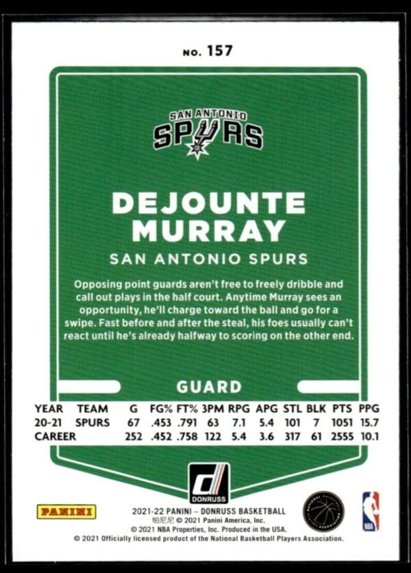 _10 2021 Donruss San Antonio Spurs #157 Dejounte Murray
