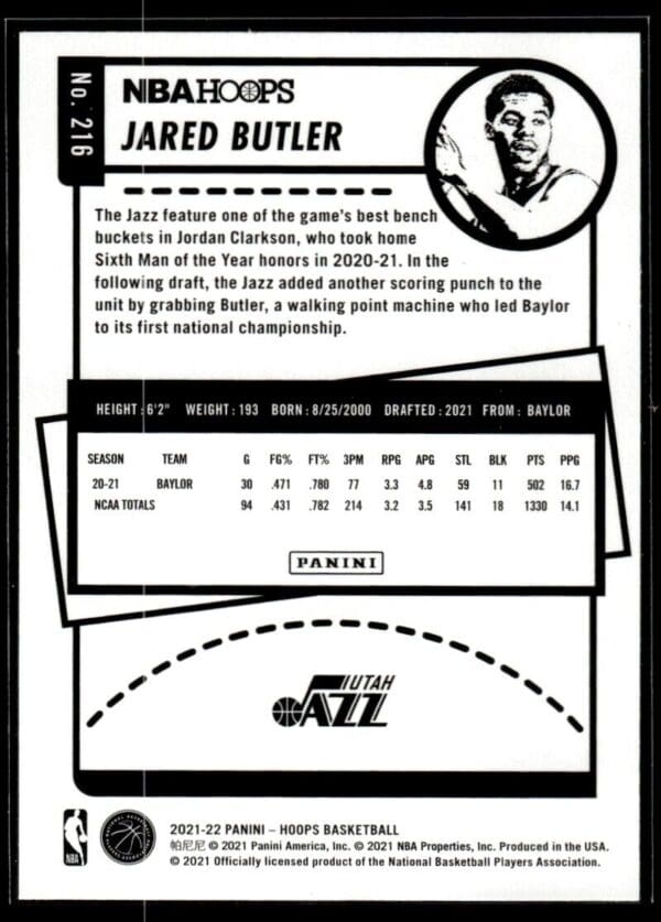 2021 NBA Hoops Utah Jazz #216 Jared Butler RC Rookie