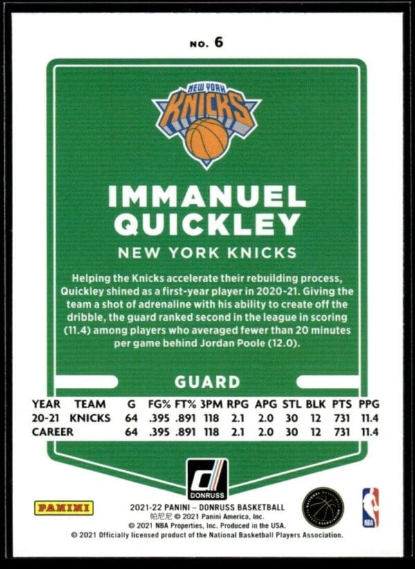 2021 Donruss New York Knicks #6 Immanuel Quickley