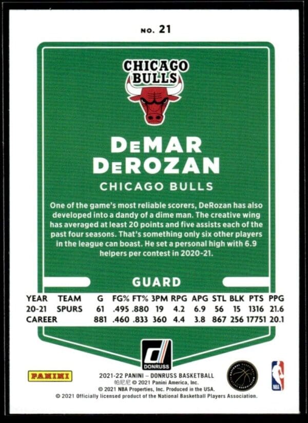 _10 2021 Donruss Chicago Bulls #21 DeMar DeRozan