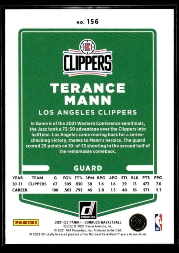 2021 Donruss Los Angeles Clippers #156 Terance Mann