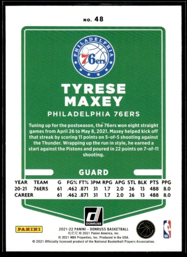2021 Donruss Philadelphia 76ers #48 Tyrese Maxey
