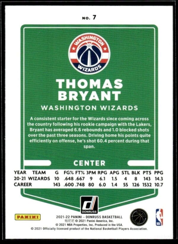 2021 Donruss Washington Wizards #7 Thomas Bryant