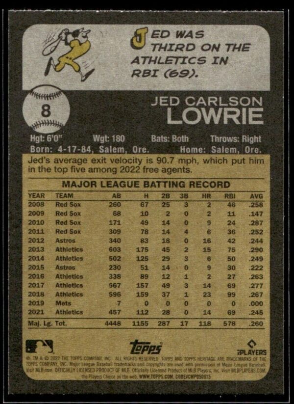 2022 Topps Heritage Jed Lowrie Oakland Athletics #8