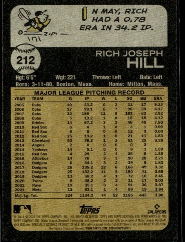 _10 2022 Topps Heritage Rich Hill Boston Red Sox #212
