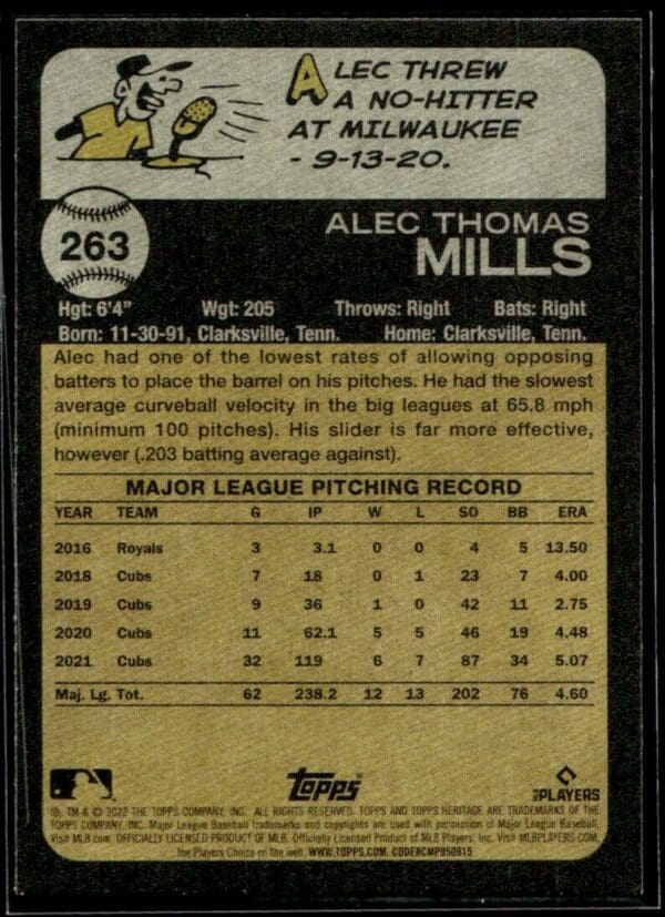 _10 2022 Topps Heritage Alec Mills Chicago Cubs #263