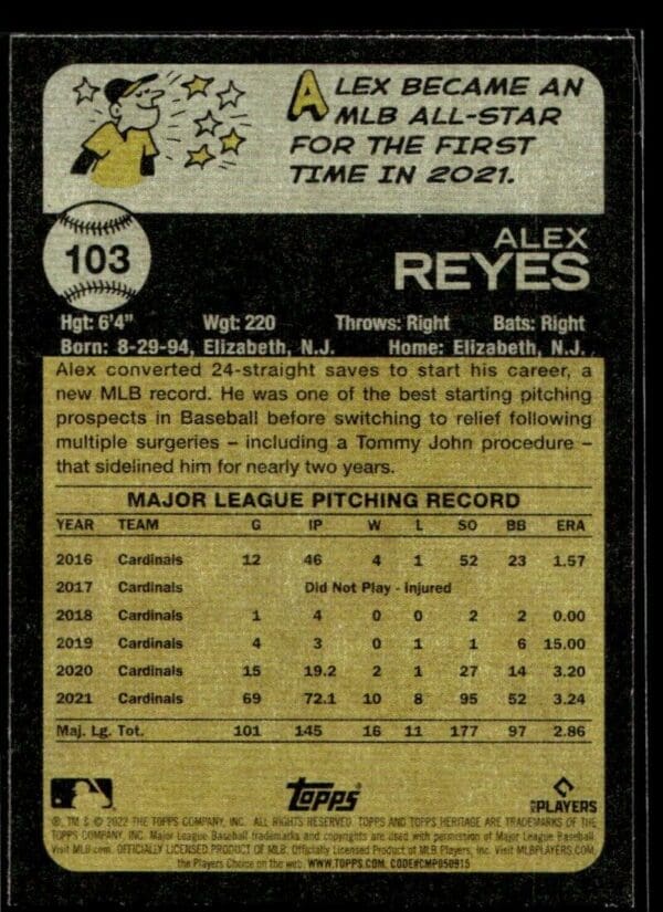 2022 Topps Heritage Alex Reyes St. Louis Cardinals #103