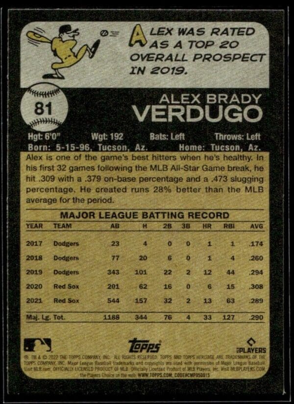 2022 Topps Heritage Alex Verdugo Boston Red Sox #81