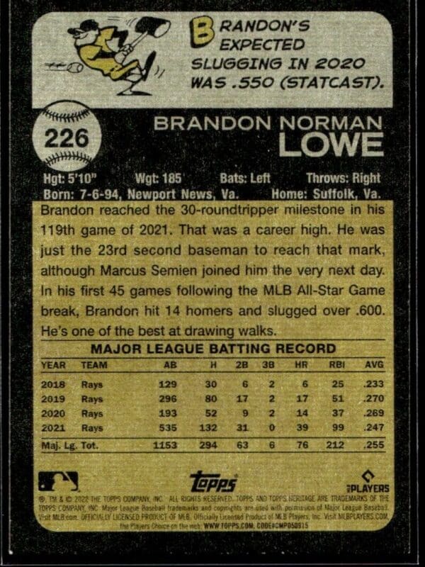 2022 Topps Heritage Brandon Lowe Tampa Bay Rays #226