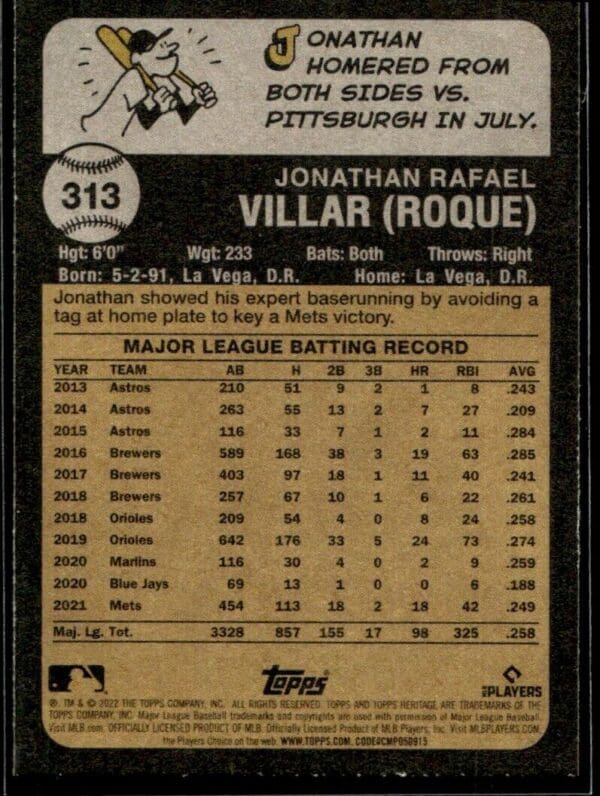 2022 Topps Heritage Jonathan Villar New York Mets #313