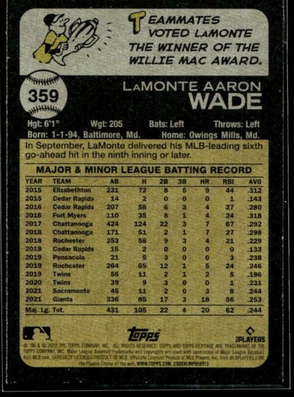 2022 Topps Heritage LaMonte Wade San Francisco Giants #359