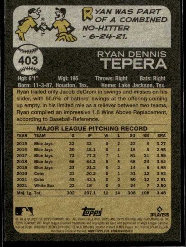 2022 Topps Heritage Ryan Tepera Chicago White Sox #403