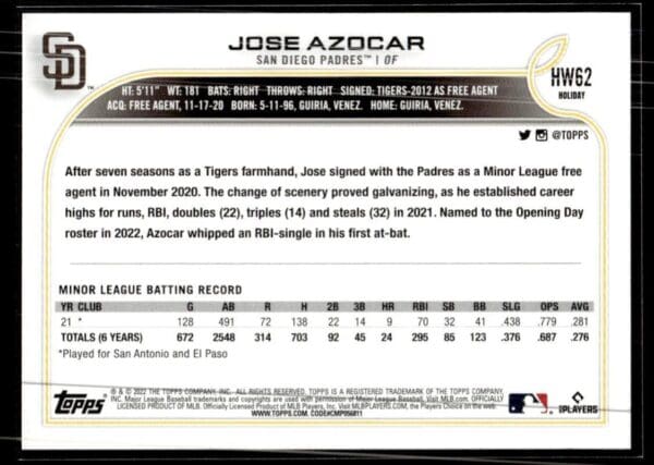 2022 Topps Holiday San Diego Padres #HW62 Jose Azocar RC Rookie