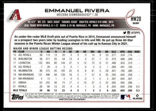 2022 Topps Holiday Arizona Diamondbacks #HW20 Emmanuel Rivera RC Rookie