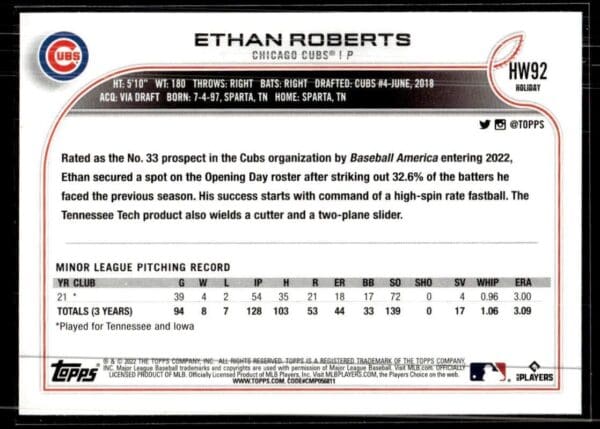 _10 2022 Topps Holiday Chicago Cubs #HW92 Ethan Roberts RC Rookie
