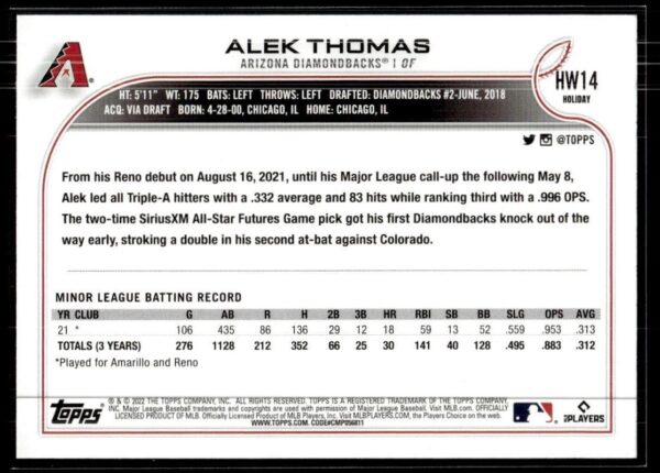 2022 Topps Holiday Arizona Diamondbacks #HW14 Alek Thomas RC Rookie