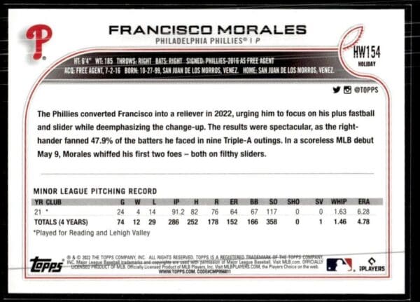 2022 Topps Holiday Philadelphia Phillies #HW154 Francisco Morales RC Rookie