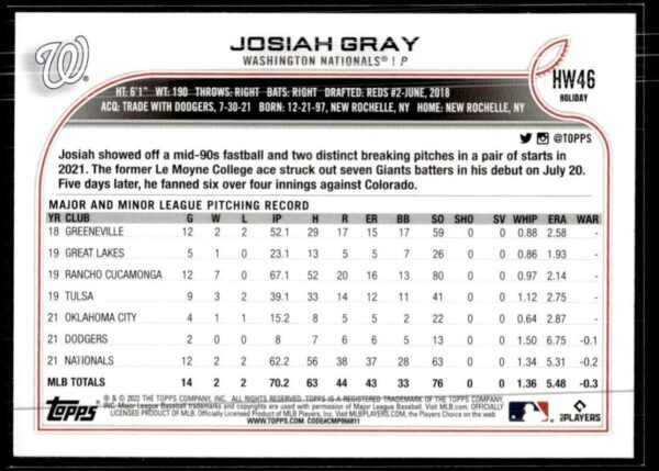 2022 Topps Holiday Washington Nationals #HW46 Josiah Gray RC Rookie