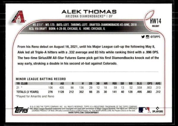 2022 Topps Holiday Arizona Diamondbacks #HW14 Alek Thomas RC Rookie
