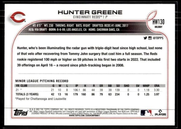 _10 2022 Topps Holiday Cincinnati Reds #HW130 Hunter Greene RC Rookie