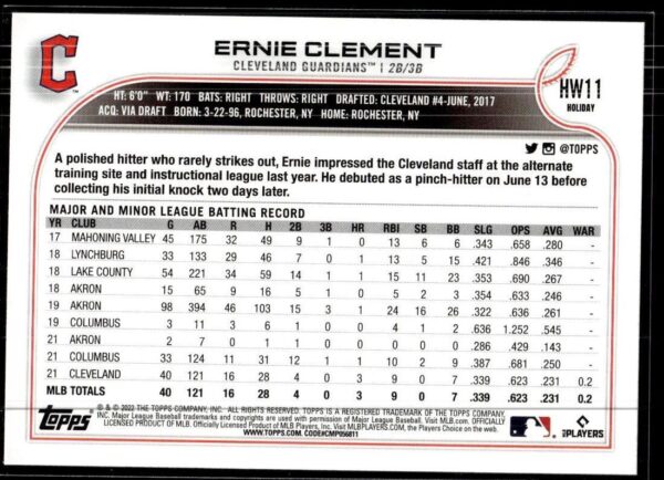 2022 Topps Holiday Cleveland Guardians #HW11 Ernie Clement RC Rookie