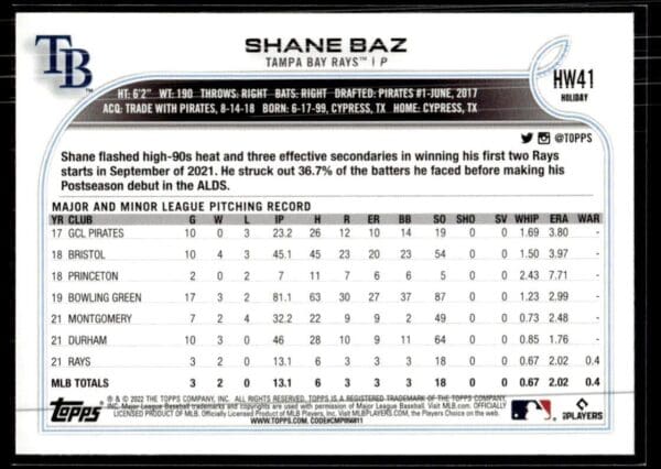 2022 Topps Holiday Tampa Bay Rays #HW41 Shane Baz RC Rookie