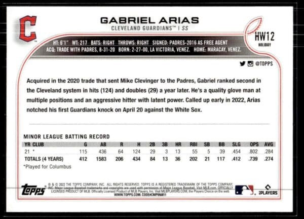 2022 Topps Holiday Cleveland Guardians #HW12 Gabriel Arias RC Rookie