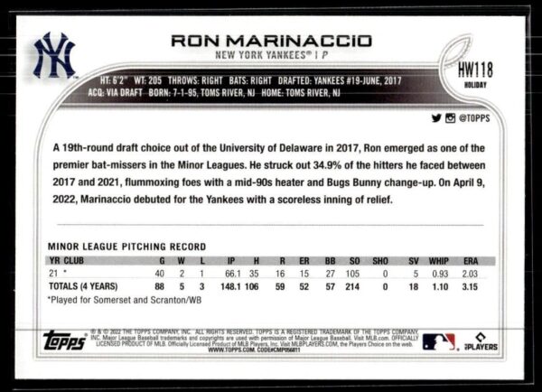 2022 Topps Holiday New York Yankees #HW118 Ron Marinaccio RC Rookie