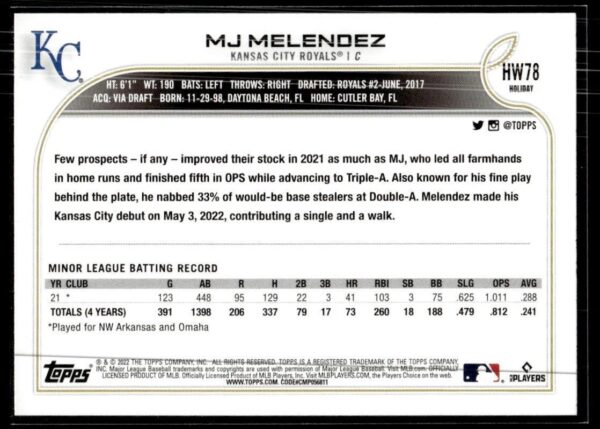 _10 2022 Topps Holiday Kansas City Royals #HW78 MJ Melendez RC Rookie