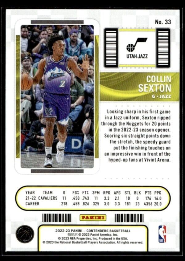 2022 Panini Contenders Utah Jazz #33 Collin Sexton