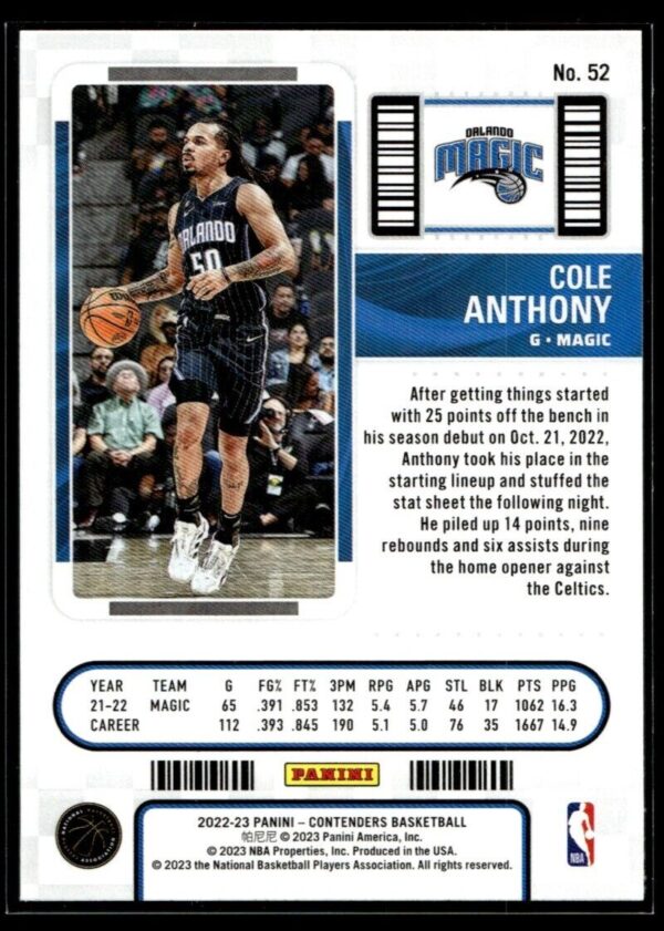 _10 2022 Panini Contenders Orlando Magic #52 Cole Anthony