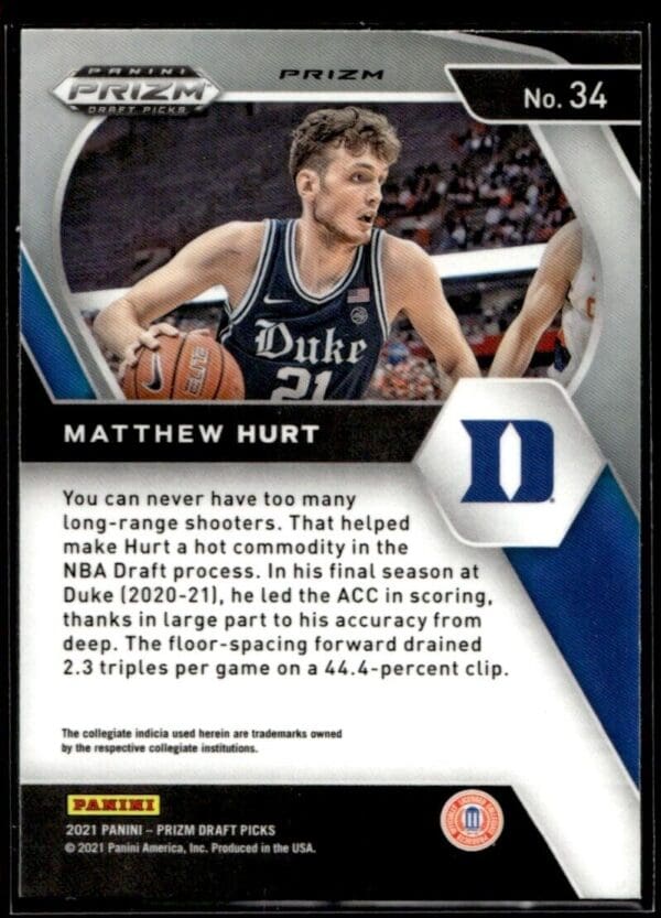 2021 Panini Prizm Draft Picks Duke Blue Devils #ATT-MH Matthew Hurt RC Rookie Or